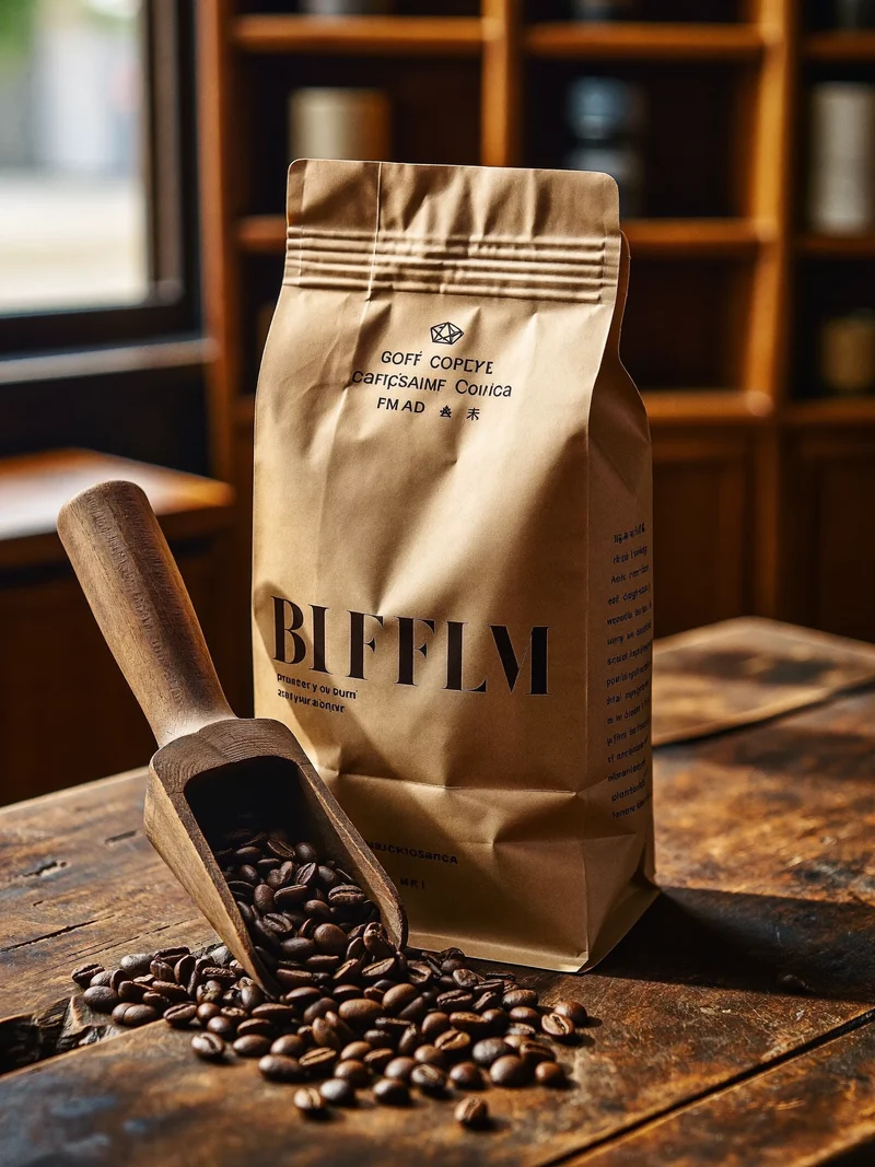 Pungă kraft cu boabe de cafea prăjite și o lingură de lemn.