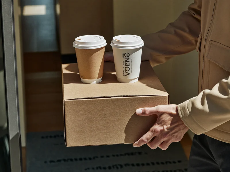 Mâini care predau pe ușă un suport de carton cu două pahare de cafea.