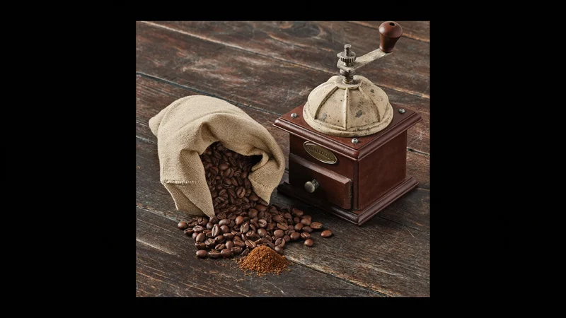 Boabe de cafea prăjite într-un sac de pânză și o râșniță manuală pe masă.